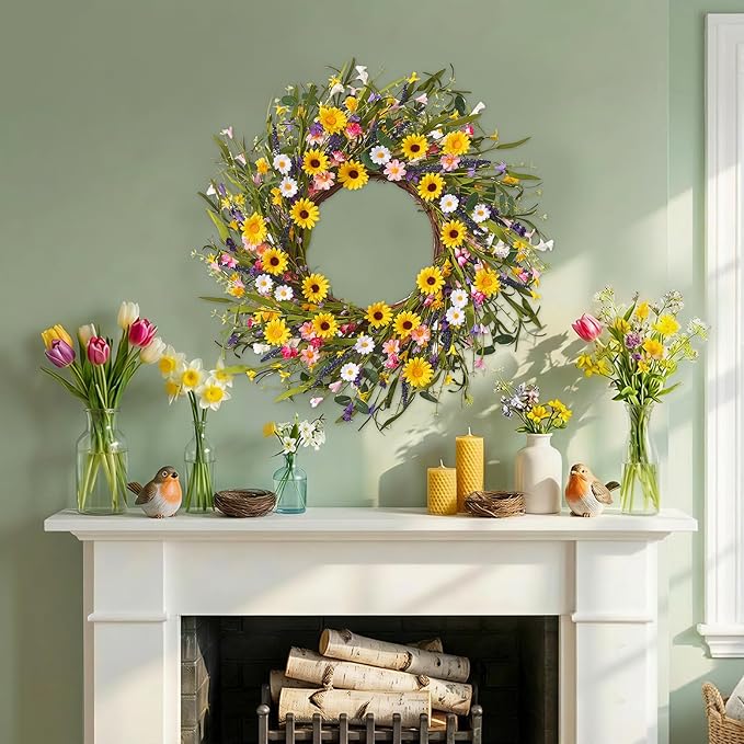 Spring Wreaths for Front Door, 22 Inch Spring and Summer Daisy Wreath for Farmhouse Porch Wall Window Home Decor for Indoor Outdoor Housewarming Gift
