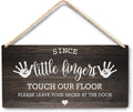 Wall Pediments Shoes Off Sign,Shoes Off Sign for Front Door,Since Little Fingers Touch Our Floor Door Sign,Shoes Off Hanging Welcome Sign for Front Door,10x8 Inches，Wood Grain-4