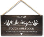 Wall Pediments Shoes Off Sign,Shoes Off Sign for Front Door,Since Little Fingers Touch Our Floor Door Sign,Shoes Off Hanging Welcome Sign for Front Door,10x8 Inches，Wood Grain-4