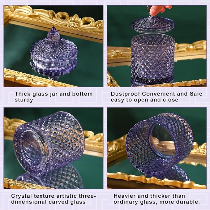 Aoriher 4 Pcs Crystal Glass Candy Jar Set with Lids Home Decorative Storage Jars for Apothecary, Bathroom, Kitchen, and Pantry, Ideal for Cotton Swabs and Jewelry(Medium,Light Purple)