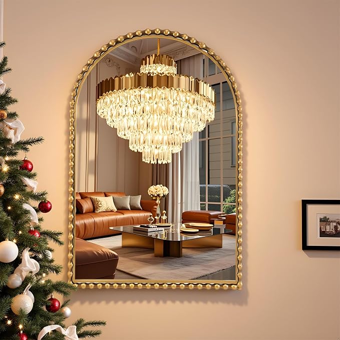 24x36 Inch Arched Wall Mirror with Bold Antique Gold Beaded Frame, Decorative Vintage Mirror for Living Room, Entryway or Fireplace Mantel, Bathroom Wall Decor Mirror