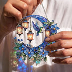 Hummingbird Moon Ornament Acrylic Suncatcher, Stained Glass Style Window Hanging with Lantern and Blue Flowers, 4.5 Inch Decorative Home Decor, Gift for Women, Christmas Ornament(Sun-37)