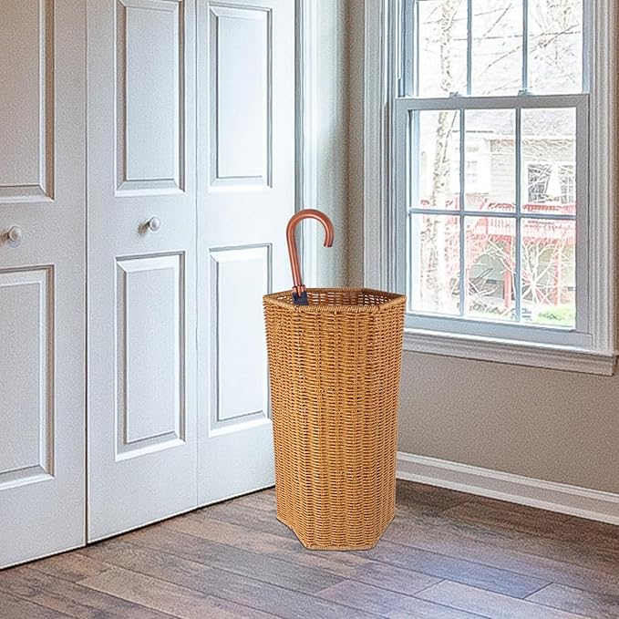 BESTOYARD Woven Umbrella Stand for Entryway Handmade Umbrella Holder with Tray Freestanding Cane Stand Rattan Flower Vase Dried Flower Pot Umbrella Rack, 39.5X21CM, Khaki