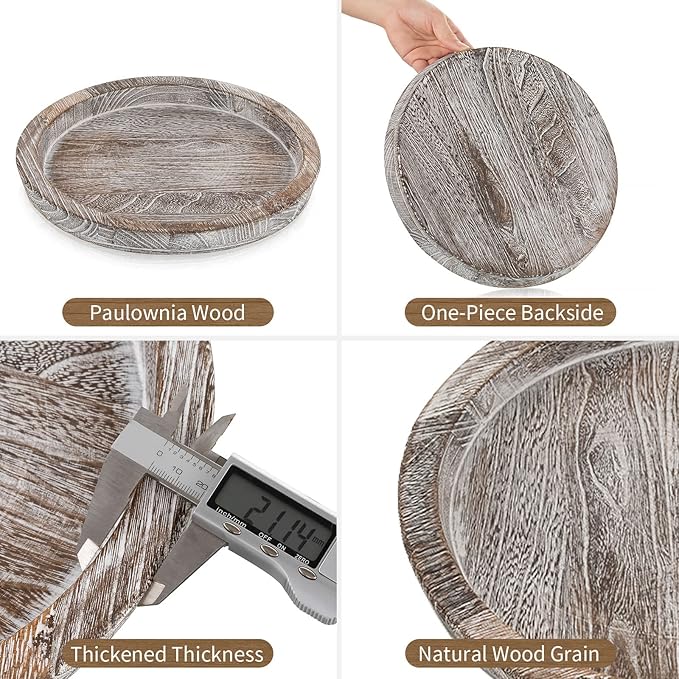 Hanobe Candle Plate Holder Tray: Round Wood Decorative Candle Plate - Rustic Farmhouse CoffeeTable Decor - Tealight Pillar Trays for Home Decor (Whitewash)