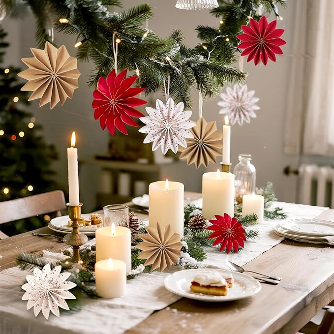 EASY JOY Christmas Hanging Decorations-9Pcs Small Christmas Paper Ornaments 3D White Red Brown Snowflake Ornaments Xmas Tree Decorations Outdoor Indoor for Xmas Boho New Year Home Decor
