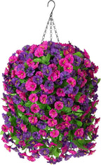 Artificial Flowers with Hanging Basket, Outdoor Faux Plants Silk Morning Glory Vines, Fake Green Arrangement for Garden Patio Spring Summer Decor(Purple Red Violet)