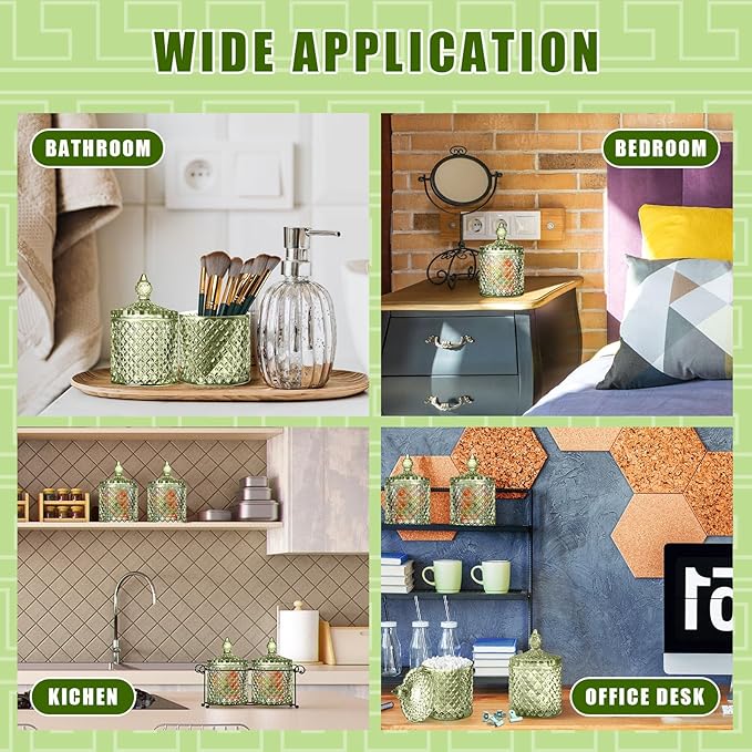 Aoriher 4 Pcs Crystal Glass Candy Jar Set with Lids Home Decorative Storage Jars for Apothecary, Bathroom, Kitchen, and Pantry, Ideal for Cotton Swabs and Jewelry (Medium,Green)