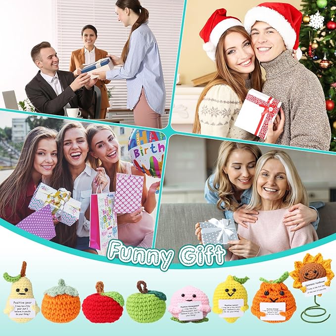 VioraWhite 18 Pcs Positive Fruit Sunflower Emotional Crochet Dolls Bulk Support Encouragement Emotional Knitted Crochet Gifts with Positive Words for Friends Coworker Decorations for Home Office