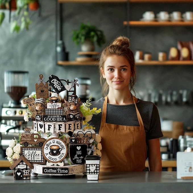 Mifoci 23 Pcs Coffee Tiered Tray Decorations Highland Cow Wooden Farmhouse Coffee Bar Accessories Signs Mugs & Rustic Highland Cow for Kitchen Table Centerpiece