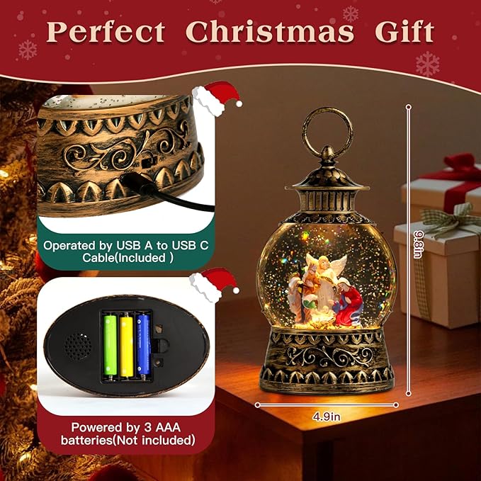 Christmas Nativity Snow Globe, Nativity Musical Snow Globe Lantern Lights with 6H Timer Battery & USB Powered, Retro Style Holiday Glitter Globe for Xmas Home Decoration Holiday Party Gifts