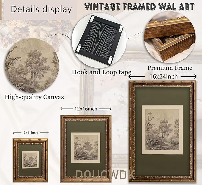 Vintage Gold Framed Wall Art Tree Forest Landscape Painting Canvas Prints Green Gray Tree Natural Sketch Picture Rustic Farmhouse Poster Artwork for Living Room Bedroom Bathroom, 9x11in