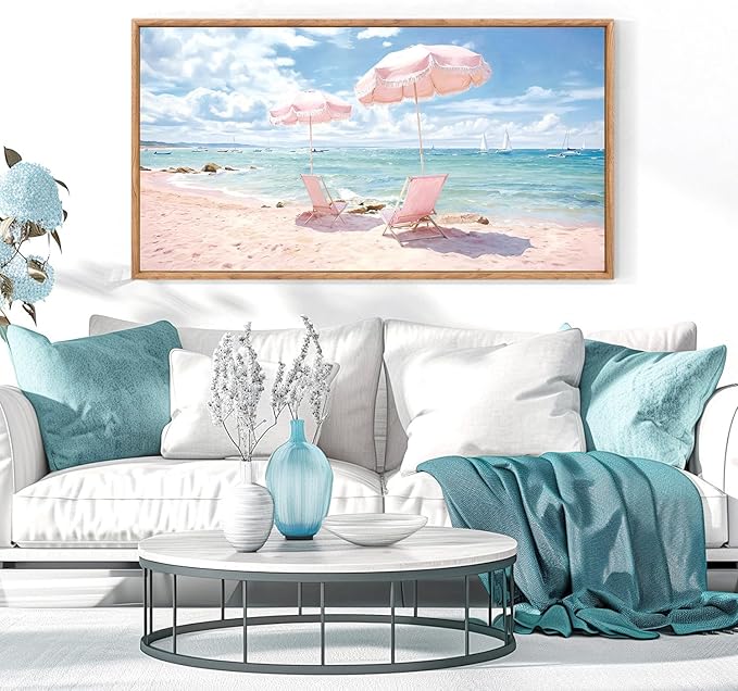 KAlRNE Summer Pink Beach Framed Canvas Wall Art Set of 1(20”X40”),Seascape Coastal Surfing Wall Decor,Modern Nature Ocean Art Prints For Living Room Bedroom Office