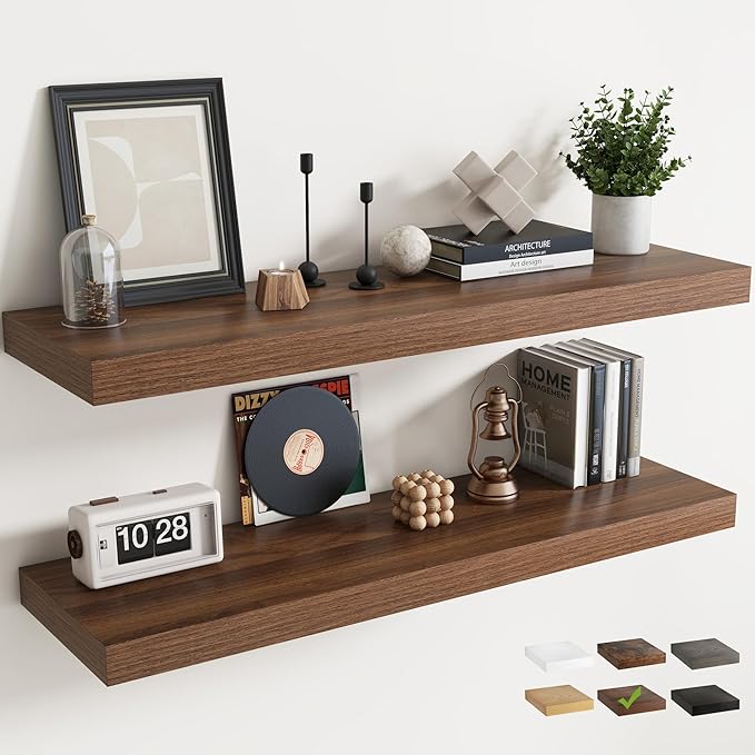 48 Inch Long Floating Shelves for Wall Set of 2, 12"D Wood Grain Bathroom Shelves with Invisible Brackets, Easy Install Engineered Wood Storage Shelves for Kitchen, Living Room, Bedroom, Walnut Finish