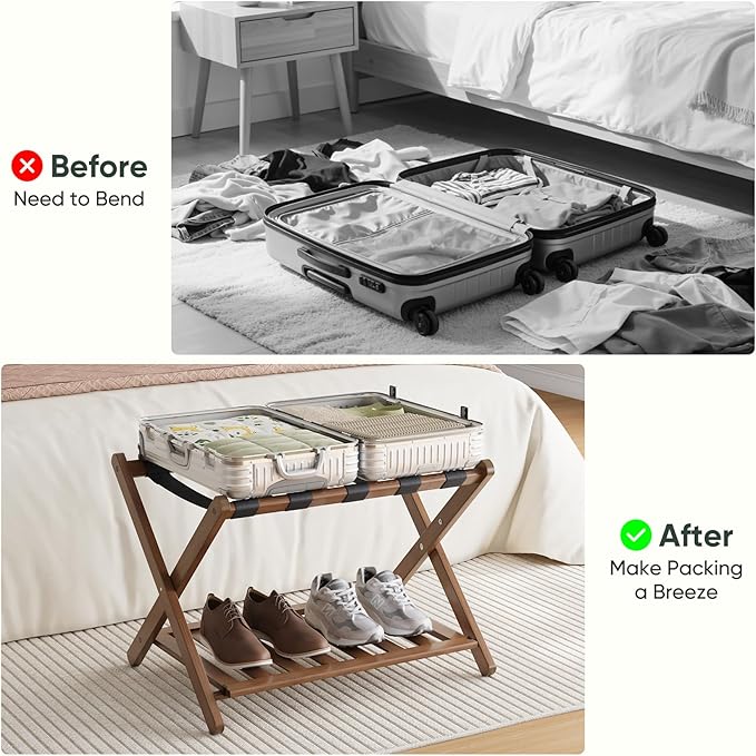 26.77“ Fully Assembled Dark Walnut Luggage Racks with Folable Storage Shelf, 5 Heavy-Duty Straps Bamboo Suitcase Stand, Luggage Holders for Guest Room, Bedroom, Hotel