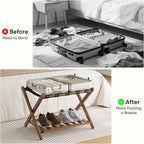 Set of 2 Fully Assembled 26.77" Dark Walnut Luggage Racks with Foldable Shoe Shelf, 5 Heavy-Duty Straps Bamboo Suitcase Stand, Luagge Holders for Guest Room Bedroom, Hotel