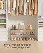 SONGMICS Shoe Rack, 2-Tier Shoe Organizer, Metal Storage Shelf, Upright or Upside Down, for 12-15 Pairs, Stackable, for Entryway, 11.8 x 36.2 x 14.6 Inches, Gray ULSA012G01