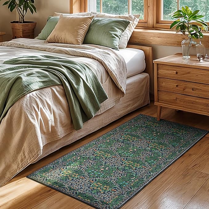 Lessymo 2x4 Small Runners for Kitchen, Washable Entryway Rugs Non-Slip Door Mat Indoor Entrance, Soft Vintage Runner Rugs for Hallways Bathroom Bedroom, Boho Floral Design, Forest Green