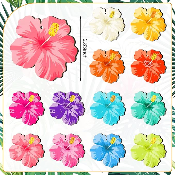 Maitys 36 Pcs Spring Flower Ornaments for Tree Hawaiian Wooden Flower Decorate Wooden Hibiscus Daisy Hanging Decor for Birthday Wedding Baby Shower Themed Summer Holiday Party Decoration(Hibiscus)