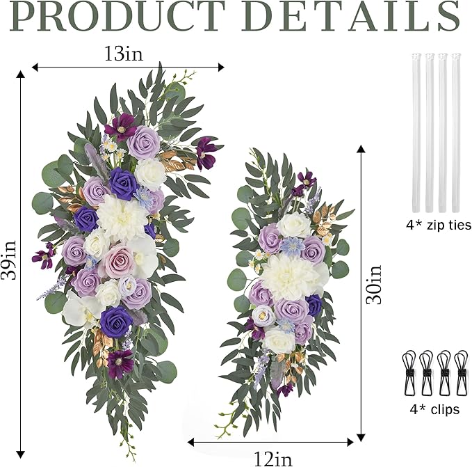 Ting's time Wedding Arch Flowers Pack of 2 Artificial Silk Large Flower Swag Purple Welcome Sign Floral Swag Reception Backdrop Floral Decor for Wedding Party Ceremony (Lilac & White)