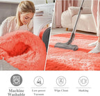 OLANLY Coral Red Round Rugs for Bedroom - Machine Washable, 5 ft Circle Area Rugs for Living Room, Soft and Fluffy Shaggy Carpet for Teen Girl and Boys, Nursery Rooms, Dorms, Home Decor Aesthetic