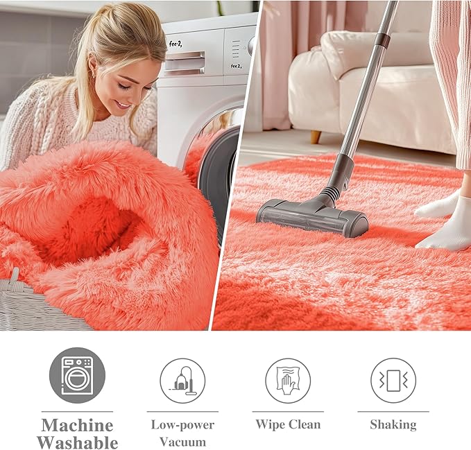 OLANLY Coral Red Round Rugs for Bedroom - Machine Washable, 5 ft Circle Area Rugs for Living Room, Soft and Fluffy Shaggy Carpet for Teen Girl and Boys, Nursery Rooms, Dorms, Home Decor Aesthetic