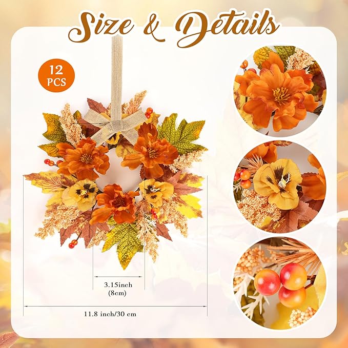 12 Pcs Fall Floral Swags Wreaths Mini Autumn Artificial Candle Rings Wreaths with Berries 3 inch Farmhouse Cabinets Hanging Wreath for Pillar Front Door Porch Wall Window Decoration