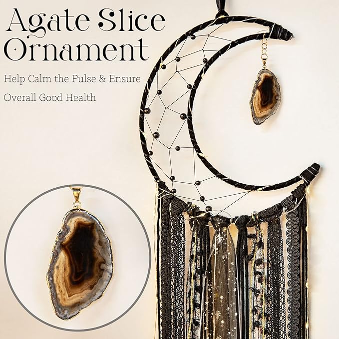 Witchy Crescent Moon Dream Catcher with Purple Agate, Witch Pagan Woven Wall Hanging Dreamcatcher with Light, Gothic Wiccan Hippie Decor with Ornament Decoration Women Gift for Bedroom Christmas