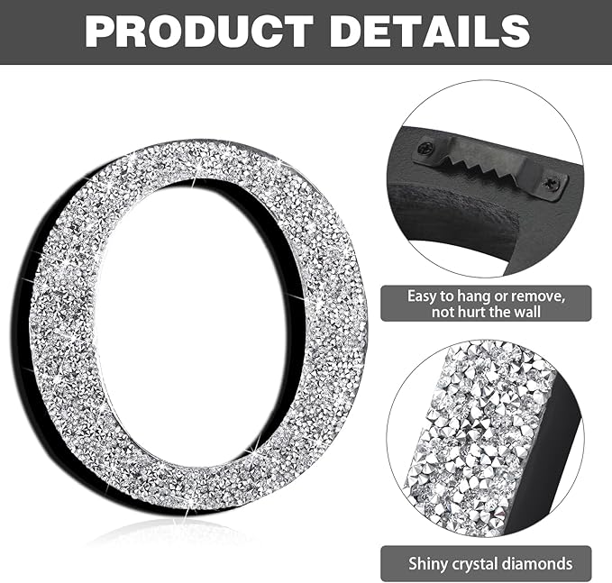 Qunclay 5.7" Silver Crystal Diamond Bling Letters Crushed Diamond Decoration Wooden Glitter Letter with Screw and Hooks Rhinestone Gift for Wedding Y2k Mcbling Bedroom Wall Decor (Letter O)