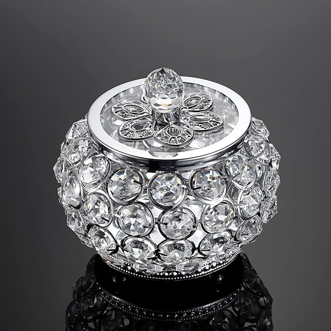 Hipiwe Crystal Jewelry Box with Glass Lid Small Trinket Organizer Mirrored Treasure Box Ring Holder Earrings Necklace Storage Box Keepsake Gift Box for Home Dresser Decor, Silver