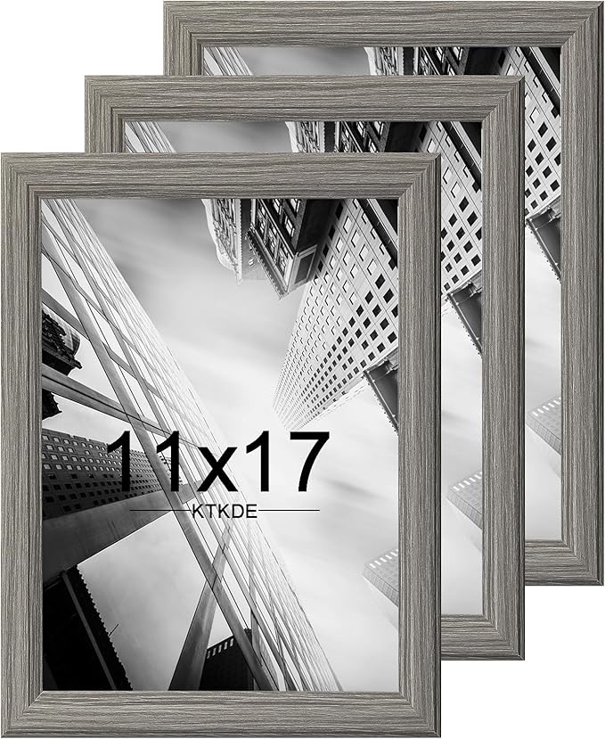 KTKDE 11x17 Picture Frame Set of 3,Grey Wooden frames, Vertical & Horizontal Wall Hanging for Wall Display,Studio Gallery Photo Frame for Photos, Posters & Art Prints