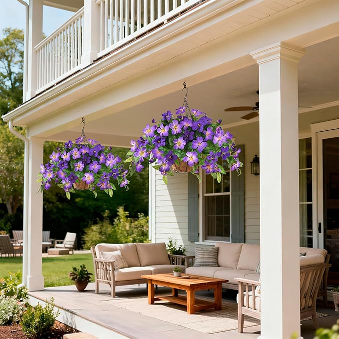 Homsunny Artficial Fake Hanging Flowers Plants with Baskets, 3PCS Silk Faux Outdoor Flowers UV Resistant Real Touch Plastic Flowers for Spring Garden and Home Patio Yard Decor (Double Purple)