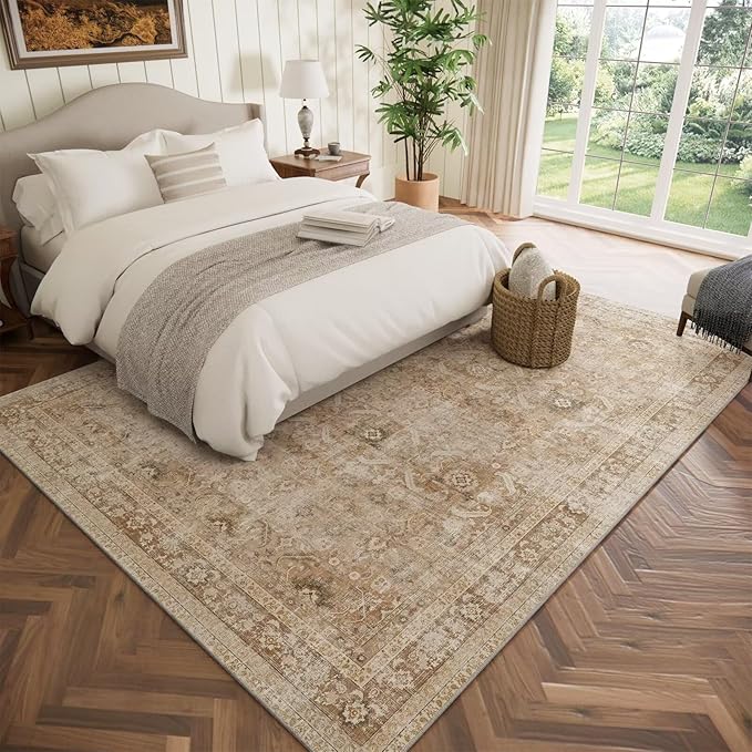 Washable 6x9 Area Rugs for Living Room, Boho Non-Slip Vintage Distress Large Rugs for Bedroom Dining Room Nursery Office, 0.3" Neutral Oriental Throw Thin Carpet, Brown/White/Multi