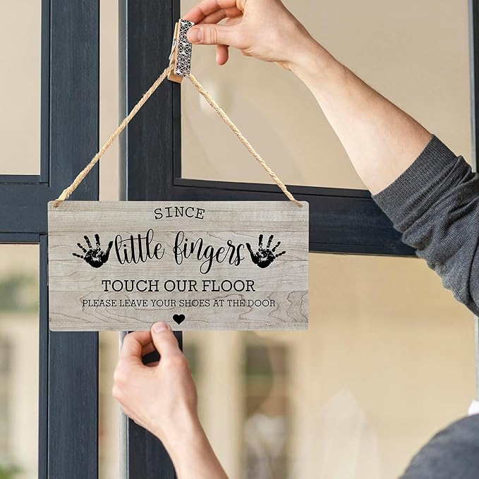 Wall Pediments Shoes Off Sign,Shoes Off Sign for Front Door,Since Little Fingers Touch Our Floor Door Sign,Shoes Off Hanging Welcome Sign for Front Door,12x6 Inches，Wood Grain-6