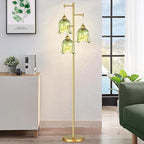QIYIZM Gold Floor Lamp for Living Room,Bedroom,Tree 3 Light Standing Lamp Mid Century Modern Brass Tall Floor Lamps Vintage Retro Floor Lights Green Glass Flower Lamp Shade Farmhouse Boho Bohemian