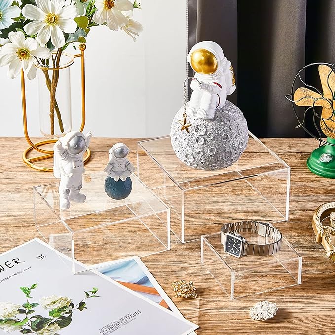 Jerify 6 Pcs Acrylic Risers Display Stands, 5.91'' 5.12'' 3.54'', Clear Square Nesting Pedestal Shelf with Hollow Bottom for Tabletop Jewelry Display, 3 Sized