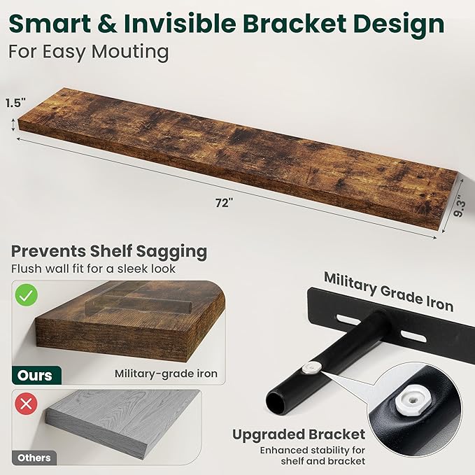 Floating Shelves for Wall 72 in x 9.3 in Deep, Wall Mounted Rustic Wood Shelf with Invisible Brackets for Storage & Display, Living Room Bedroom Bathroom, Brown, 1 Pack