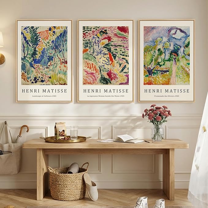 Large Framed Matisse Wall Art for Living room, Set of 3 Colorful Abstract Landscape Canvas Artwork for Walls, Retro Vintage Matisse Famous Paintings Prints Pictures for Bedroom, Hallway Home Office, Total Size 30x60