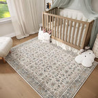 Washable 3x5 Entryway Rug, Boho Non-Slip Vintage Distress Small Rugs for Kitchen Nursery Office Bedroom, 0.3" Neutral Oriental Throw Thin Carpet with Cushioning Pad, Cream/Blue/Orange/Multi