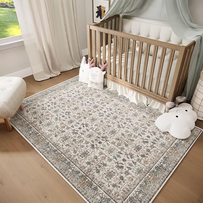 Washable 5x7 Area Rugs for Living Room, BoHo Non-slip Vintage Distress Rugs for Bedroom Dining Room Nursery Office, 0.3" Neutral Oriental Throw Thin Carpet with Cushioning Pad, Cream/blue/Orange/Multi
