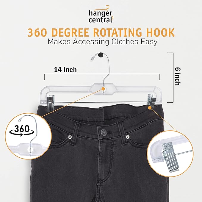Hanger Central Premium 14 Inch Clear Pants Hangers with Adjustable Clips - 25 Pack Space-Saving Skirt Hangers - Non-Slip Heavy Duty Plastic Closet Organizers with 360° Swivel Hook