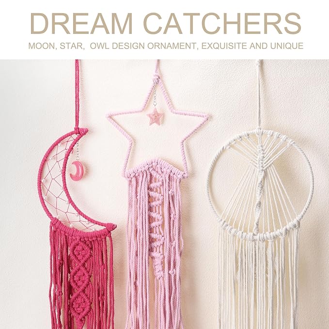 MECCANIXITY Macrame Dream Catchers, Pink Handmade Star Design Woven Cotton Dream Catcher Wall Hanging for Home Bedroom Decoration Ornament Craft Gift