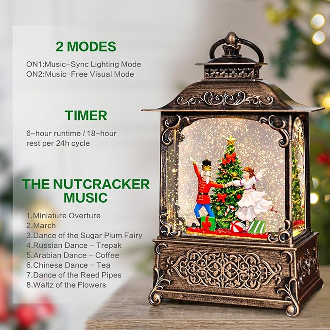 Christmas Snow Globes Lantern with The Nutcracker Music, Nutcracker Snow Globe with Swirling Glitter Effects, USB/Battery Powered with 6-Hour Timer, Christmas Decorations