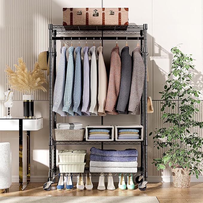 Heavy Duty Rolling Garment Rack 3 Tiers Adjustable Wire Shelving Clothes Rack with Rods and Side Hooks,Storage Closet Clothing Rack with Wheels Black 15.7" D x 29.5" W x 74.5" H
