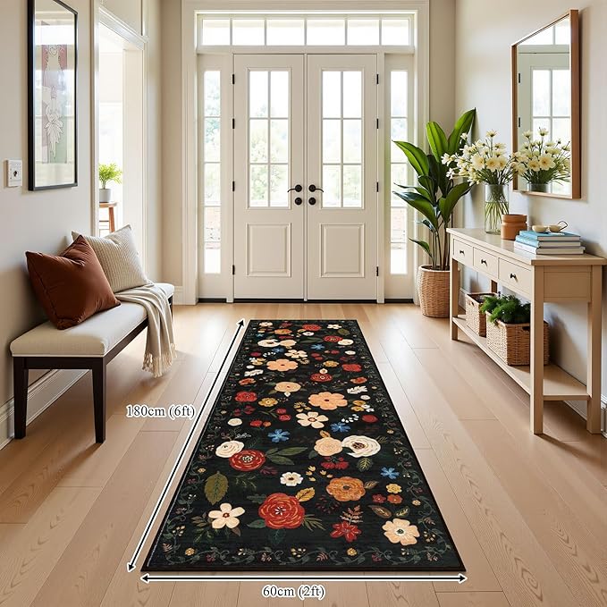 U'Artlines 2'x6' Boho Runner Rug for Hallways Kitchen Colorful Floral Soft Non Slip Washable Floor Carpet Runners for Entryway Laundry Room Bathroom Black Green