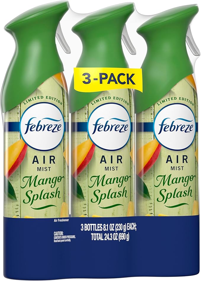 Febreze Air Mist, Air Freshener Spray, Odor Fighting Room Spray, Deodorizer for Home Bathroom Kitchen Office Apartment Dorm Room Classroom, Mango Splash Scent, 8.1oz (Pack of 3)