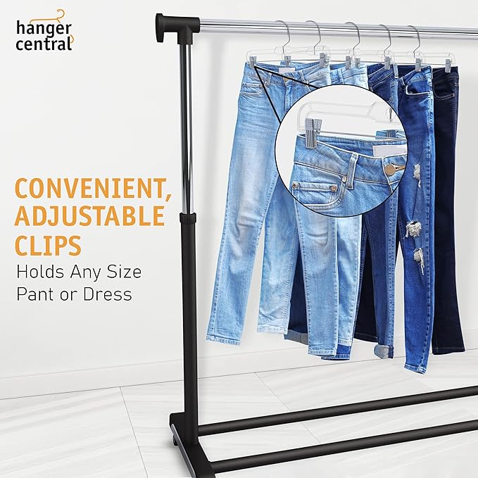 Hanger Central Premium 14 Inch Clear Pants Hangers with Adjustable Clips - 25 Pack Space-Saving Skirt Hangers - Non-Slip Heavy Duty Plastic Closet Organizers with 360° Swivel Hook