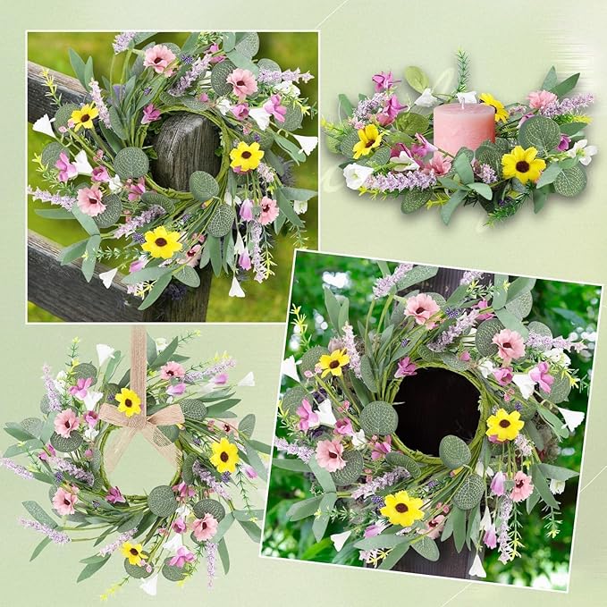 8 Pcs 9" Mini Spring Summer Flowered Wreath Floral Wedding Candle Rings Wreaths Kitchen Cabinet Wreaths with Ribbon for Pillars Wedding Table Centerpiece Farmhouse Party Home Door All Seasons Decor
