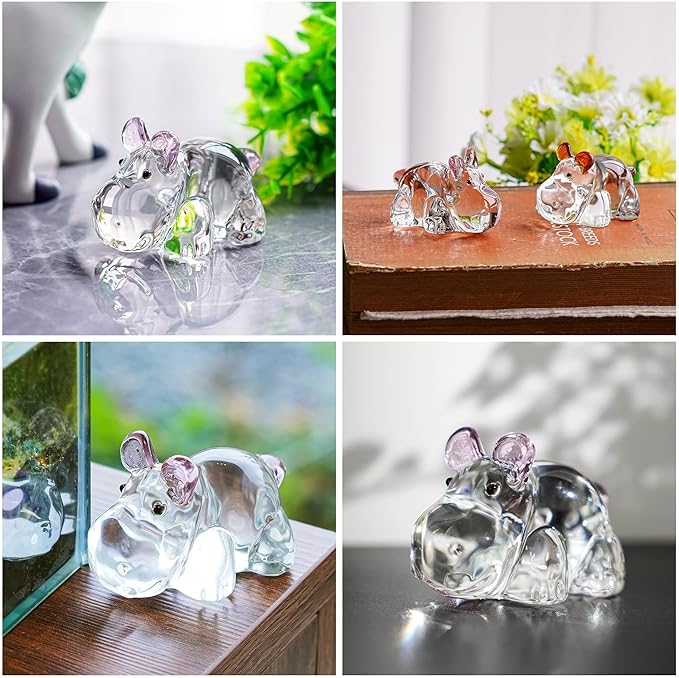 HDCRYSTALGIFTS 2.8inch Crystal Hippo Figurines Collectibles Gift for Women Art Glass Hippopotamus Statue Animal Paperweight Ornament for Table Home Decoration
