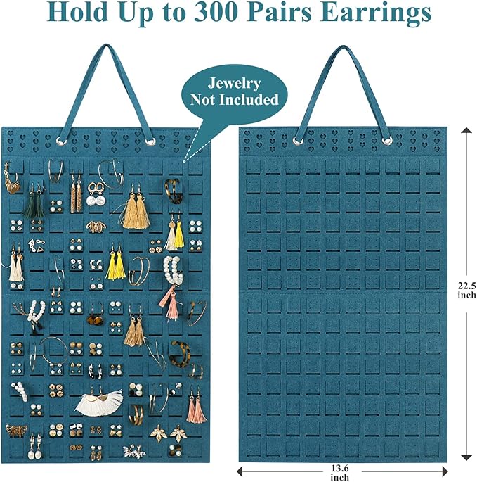 Hanging Earrings Organizer, Wall Earring Holder with 20 Hooks, Holds Up To 300 Pairs, Compact Design, Soft Material-Dark Green