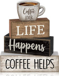 Moucuny 4 Pcs Farmhouse Coffee Bar Table Decor Vintage Wooden Stacked Block Sign - 'life Happens Coffee Helps' Table Centerpiece Rustic Wood Bar Sign Gift for Home Kitchen Shelf Tiered Tray Decor